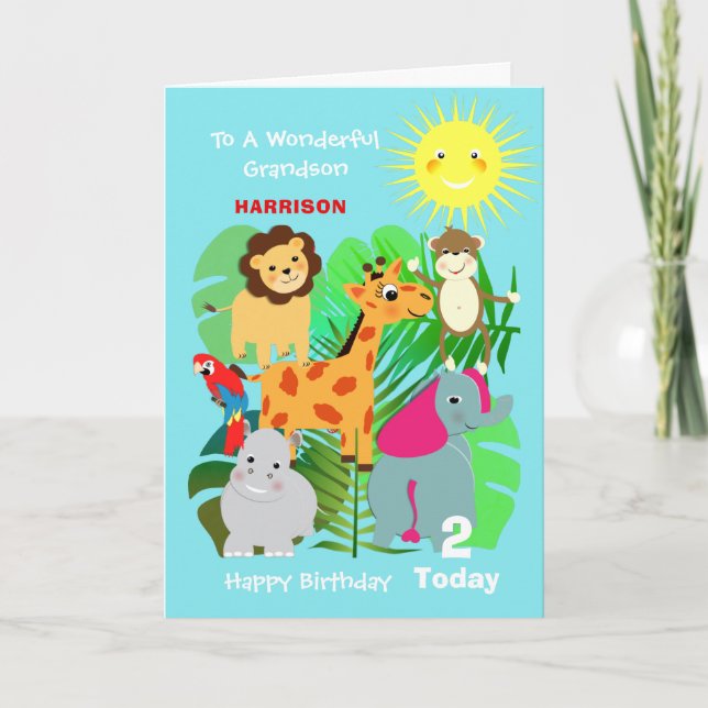Cartão Grandson Safari Animals Cute Happy Birthday Card (Frente)
