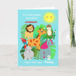Cartão Grandson Safari Animals Cute Happy Birthday Card<br><div class="desc">Super cute cartoon wild animals including the giraffe,  hippo,  lion,  elephant,  parrot and cheeky monkey; such a fun and colorful design and easy to customize with a name,  age and message,  for that extra special touch at no extra cost.</div>