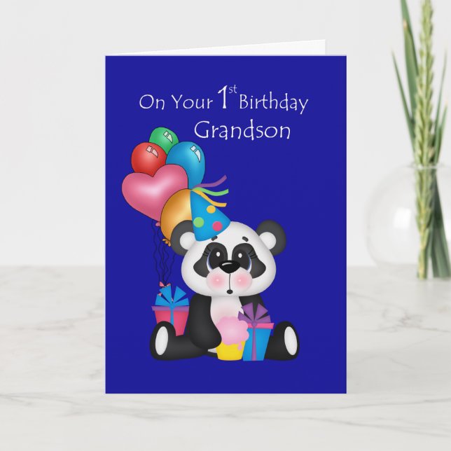 Cartão Grandson's 1st Birthday, Panda and Balloons (Frente)