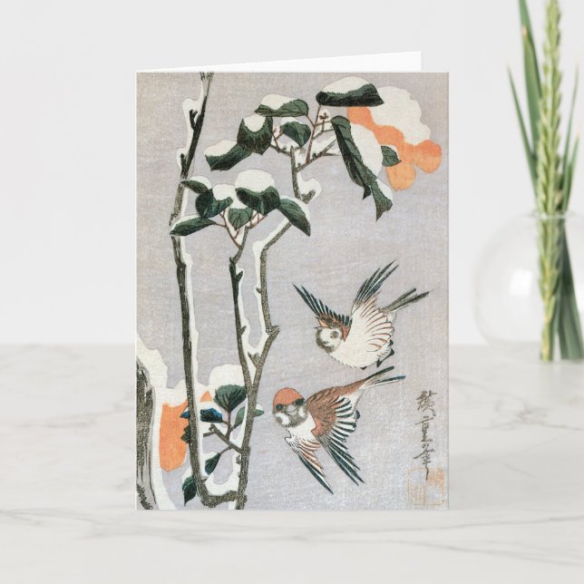 Cartão Graves e Camellia na neve por Ando Hiroshige (Frente)