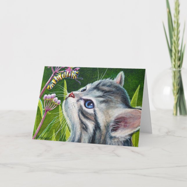 Cartão Gray Tabby Kitten & Caterpillar Watercolor Art (Frente)