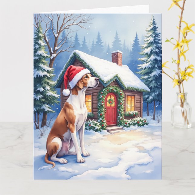 Cartão Great Dane Snowy Cabin Santa Hat Christmas Art (Flor Amarela)