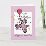Cartão Great Granddaughter 1st Birthday Bear Balloon<br><div class="desc">A sweet illustration on a white and lilac background. A cute Teddy Bear surrounded by colorful confetti and holding a pink balloon,  is ready to wish a very Happy 1st Birthday to your Great Granddaughter.</div>