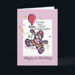 Cartão Great Granddaughter 1st Birthday Bear Balloon<br><div class="desc">A sweet illustration on a white and lilac background. A cute Teddy Bear surrounded by colorful confetti and holding a pink balloon,  is ready to wish a very Happy 1st Birthday to your Great Granddaughter.</div>