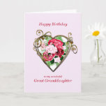 Cartão Great Granddaughter Birthday Antique Painted Roses<br><div class="desc">A romantic birthday card. A painting of roses is framed by an embellished golden heart. Give your great-granddaughter a birthday greeting with a beautiful painting of a bouquet of roses.</div>