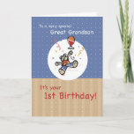 Cartão Great Grandson 1st Teddy Bear Balloon Birthday<br><div class="desc">A teddy bear wearing an orange t-shirt and blue jeans is wainting for your Great Grandson with a big balloon. Wish him a very happy 1st Birthday with this colorful illustration.</div>