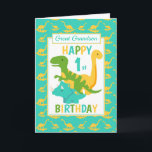 Cartão Great Grandson Dinosaur 1st Birthday Blue<br><div class="desc">A fun 1st birthday card. This bright first birthday card features a cartoon green T-Rex dinosaur, a yellow Brontosaurus and a blue Triceratops, set on a blue and yellow dinosaur background A lovely cute design for your great Grandson or Great Nephew boy who will be one years old. The birthday...</div>