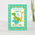 Cartão Great Grandson Dinosaur 1st Birthday Blue<br><div class="desc">A fun 1st birthday card. This bright first birthday card features a cartoon green T-Rex dinosaur, a yellow Brontosaurus and a blue Triceratops, set on a blue and yellow dinosaur background A lovely cute design for your great Grandson or Great Nephew boy who will be one years old. The birthday...</div>