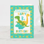 Cartão Great Grandson Dinosaur 3rd Birthday Blue<br><div class="desc">A fun 3rd birthday card for your great grandson. This bright third birthday card features a cartoon green T-Rex dinosaur, a yellow Brontosaurus and a blue Triceratops, set on a blue and yellow dinosaur background A lovely cute design for a little boy who will be three years old. The birthday...</div>