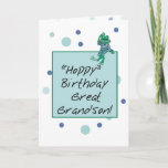 Cartão Great Grandson Frog in Jeans, Birthday, Polka Dots<br><div class="desc">Send your great grandson fun birthday wishes. This cute frog is sitting on a message box wearing jeans and a striped T-Shirt and is waving.</div>