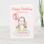 Cartão Great Niece Penguin Happy 1st Birthday<br><div class="desc">A cute 1st birthday Great Niece baby penguin birthday card. The card features a baby girl penguin sitting on a cloud holding a balloon. A sweet design for a little girl who will be one years old. Add the child, s name to the front of the card to customize it...</div>