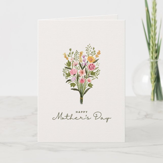 Cartão Green and Pink Floral Watercolor Mother's Day (Frente)