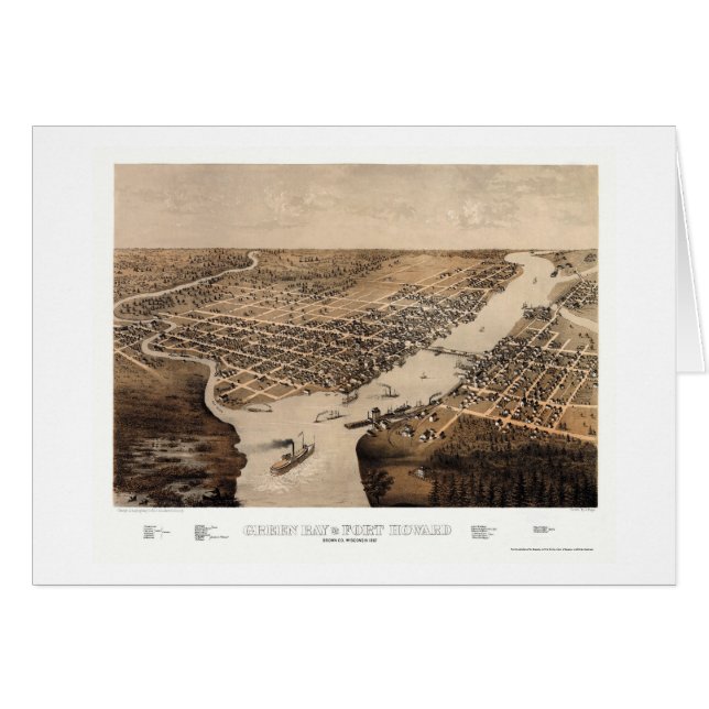 Cartão Green Bay, mapa panorâmico dos WI - 1867 (Frente Horizontal)