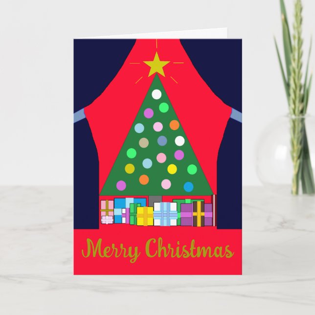 Cartão Green Christmas Tree with Blue Drapes: (Frente)