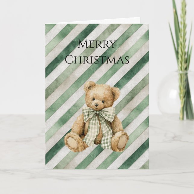 Cartão Green Cream Stripes Teddy Bear Christmas (Frente)
