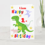 Cartão Green Dinosaur 1st Birthday<br><div class="desc">A fun 1st birthday card! This bright first birthday card features dinosaurs and some stars with a colorful Happy Birthday text. A cute design for someone who will be one years old. The birthday age and the child's name on the front of the card can be changed to customize it...</div>