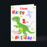 Cartão Green Dinosaur 1st Birthday<br><div class="desc">A fun 1st birthday card! This bright first birthday card features dinosaurs and some stars with a colorful Happy Birthday text. A cute design for someone who will be one years old. The birthday age and the child's name on the front of the card can be changed to customize it...</div>