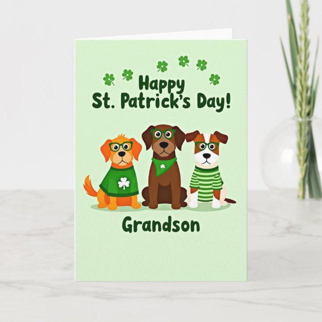 Cartão Green Dog Shamrocks Grandson Card (Frente)