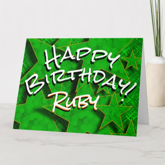 Cartão Green Dourado Stars with Name Happy Birday Card (Frente)