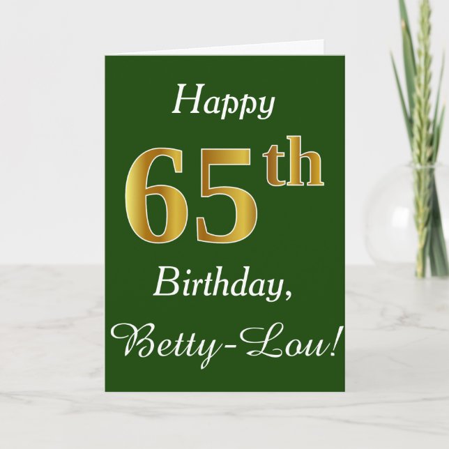 Cartão Green, Faux Gold 65th Birthday + Custom Name (Frente)