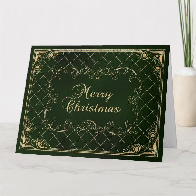 Cartão Green Faux Gold Ornate Border Merry Christmas (Frente)