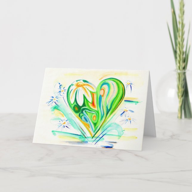 Cartão Green Flower Heart And Daisies Greeting Card (Frente)