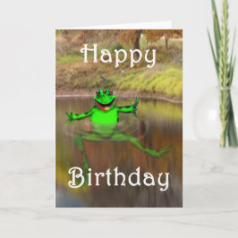 Cartão Green frog waving and swimming , Happy Birthday