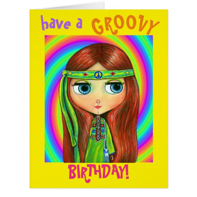 Cartão Green Hippie Doll Girl Peace Sign Headband Cute (Frente)