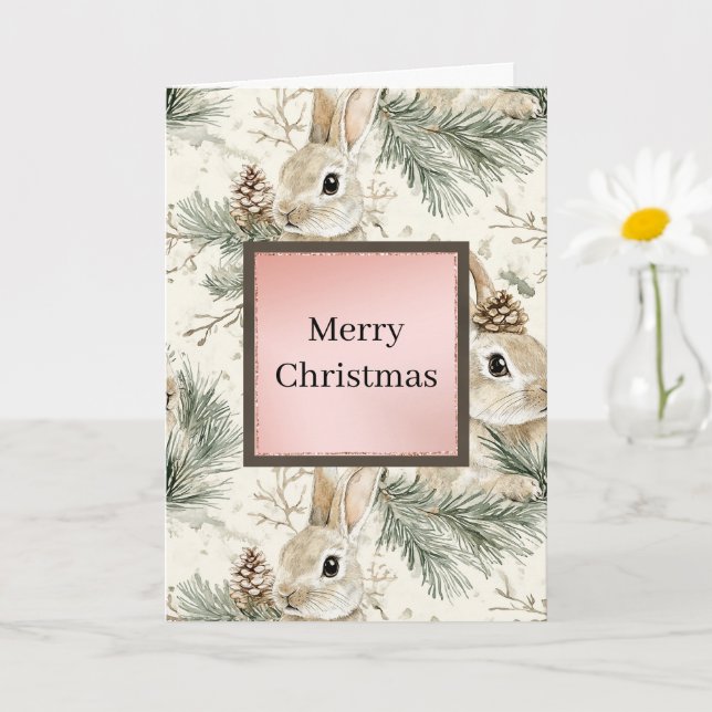 Cartão Green Pine Cones Bunny Rabbits Christmas (Planta pequena)