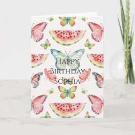 Cartão Green Red Watermelon Blue Butterflies Birthday