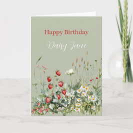 Cartão Green Strawberries Daisy Flowers Birthday