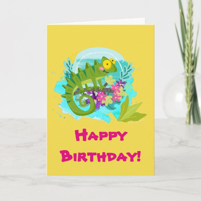 Cartão Green Tropical Lizard with Flowers Birthday (Frente)