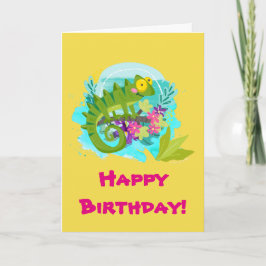 Cartão Green Tropical Lizard with Flowers Birthday