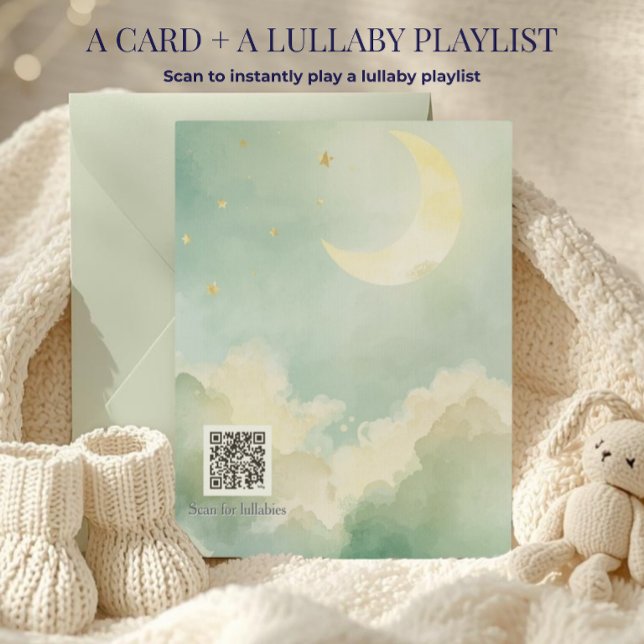 Cartão Green Watercolor Clouds Moon QR Lullabies (Criador carregado)