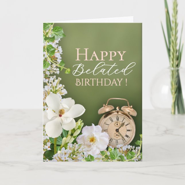 Cartão Green White Floral Botanical Belated Birthday Card (Frente)
