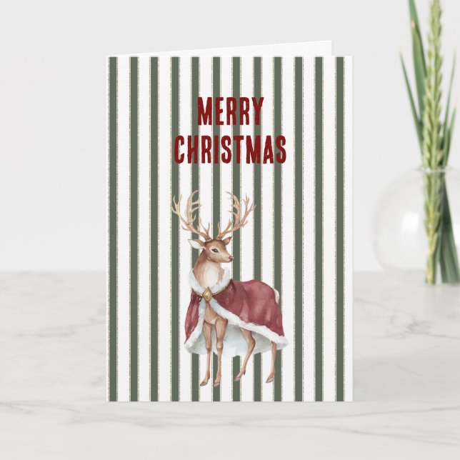 Cartão Green White Stripes Deer Red White Cape Christmas (Frente)