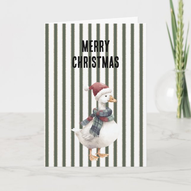 Cartão Green White Stripes Goose with Santa Hat Christmas (Frente)