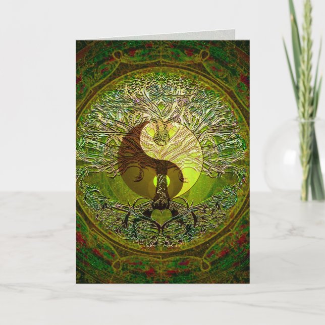 Cartão Green Yin Yang Mandala com Árvore da Vida (Frente)