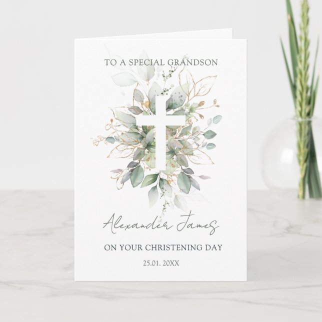 Cartão Greenery Foliage Cross Christening  (Frente)