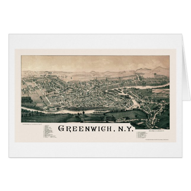 Cartão Greenwich, mapa panorâmico de NY - 1885 (Frente Horizontal)