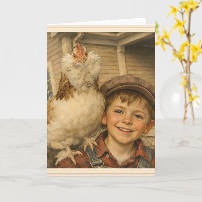 Cartão Greeting Card -Cute Boy With Chicken  (Flor Amarela)