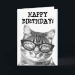 Cartão Greeting card with funny cat photograph<br><div class="desc">Greeting card with funny cat photograph. Cute cat wearing geeky reading glasses. Weird Birthday card ideas for men women and kids. Personalizable text and photo. Fun animal mascot design for cat lover,  cat owner,  crazy cat lady,  cat person etc. Pet art.</div>