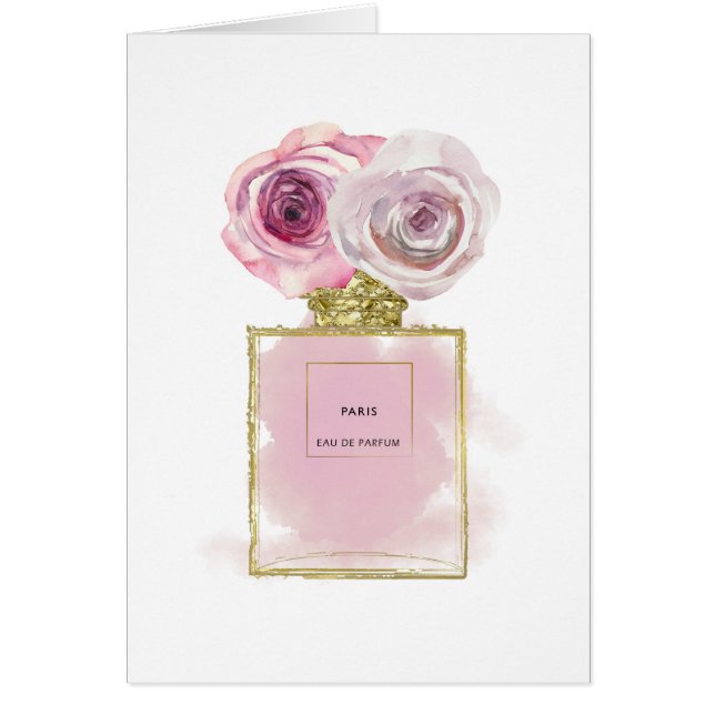 Cartão Grelha Floral Frasco de Perfume Rosas Rosa Dourada (Frente)