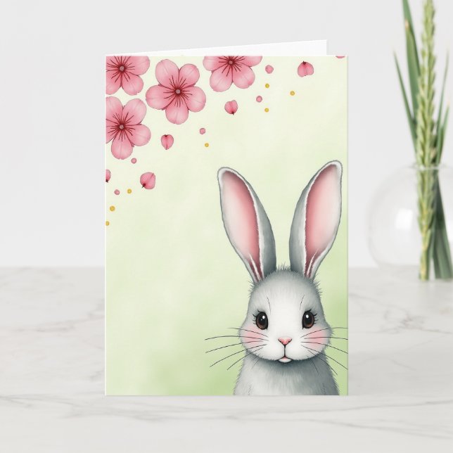 Cartão Grey Bunny Pink Petals Card (Frente)