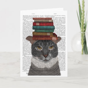 Cartão Grey Cat with Books on Head
