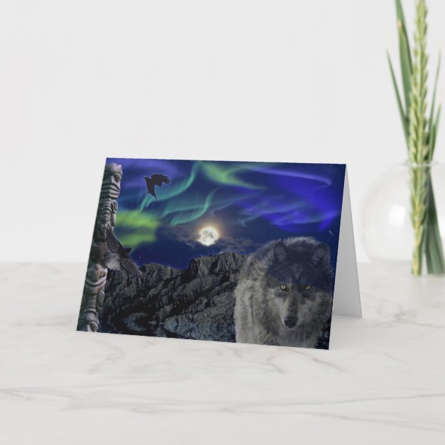 Cartão Grey Wolf, Ravens & Aurora Greeting-card (Frente)