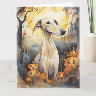 Cartão Greyhound de Halloween com Abóboras Assustadoras