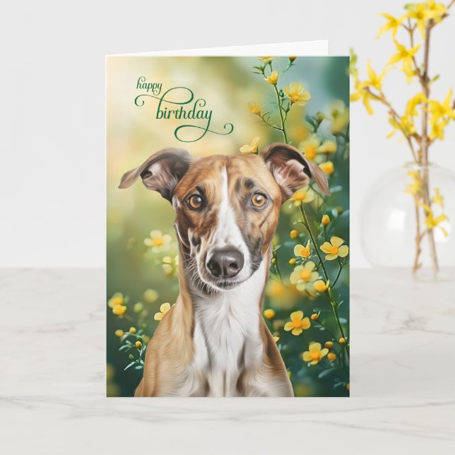 Cartão Greyhound Dog Tiny Yellow Flowers Birthday (Flor Amarela)