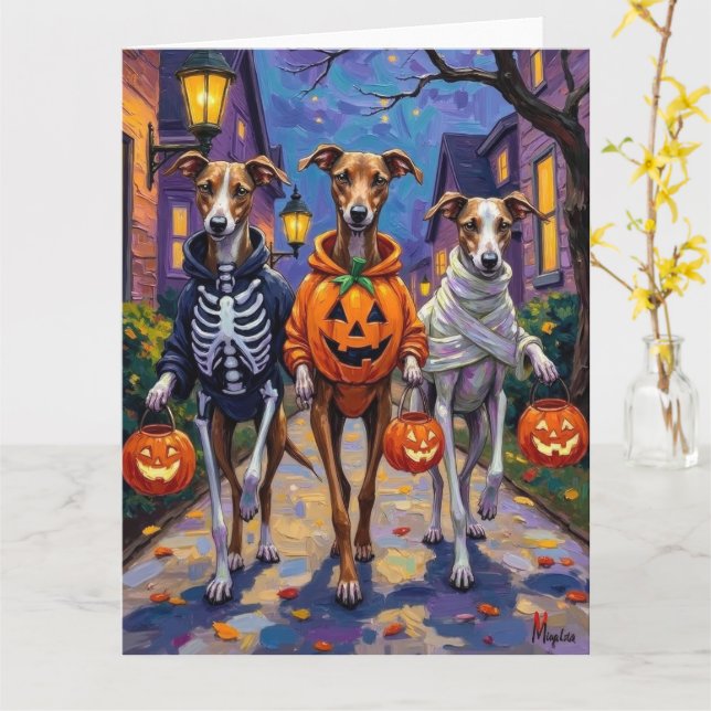 Cartão Greyhound Trick or Tratating in Halloween Costumes (Flor Amarela)