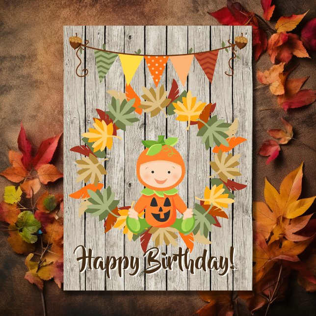 Cartão Grinalda bonito do bebê da abóbora do aniversário (Cute Pumpkin Baby Wreath of Leaves Autumn Birthday Card)
